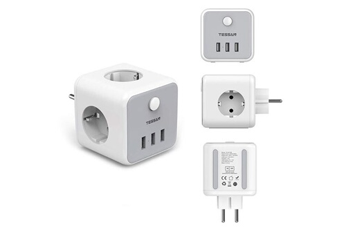 Prises, multiprises et accessoires électriques Tessan 6 en 1 Prise USB  Multiple Murale Cube avec 3 Prises et 3 USB Secteur,Interrupteur,Gris