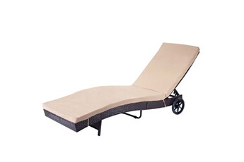 chaise longue hwc-d80 en polyrotin marron, coussin beige