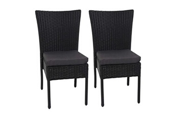 2x fauteuil en polyrotin hwc-g19, empilable noir, coussin gris foncé
