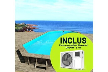 piscine bois cancun - 6.53 x 4.41 x 1.45 m + pompe à chaleur réversible simplicity by hayward on/off - 5 kw - blanc