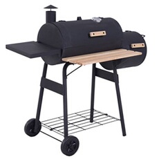Barbecue à charbon fumoir BBQ grill smoker sur pied avec couvercle, roulettes, thermomètre, étagères acier laminé à froid noir