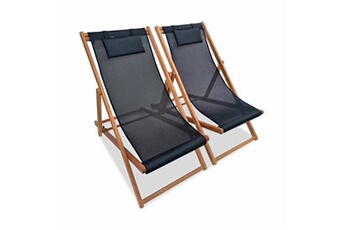 chaise longue - transat sweeek 2 chiliennes bois en bois d'eucalyptus fsc huilé avec coussin repose-tête noir