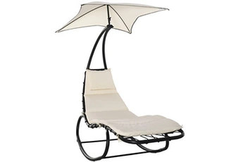 Chaise longue - transat Outsunny Bain de soleil transat à bascule design contemporain avec pare-soleil, matelas grand confort, tétière métal époxy noir polyester crème