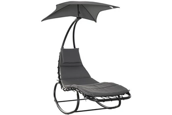 Chaise longue - transat Outsunny Bain de soleil transat à bascule design contemporain avec pare-soleil, matelas grand confort, tétière métal époxy noir polyester gris