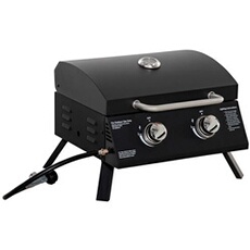Barbecue gaz de table transportable pieds pliables - 2 brûleurs 5 kW - barbecue gaz de camping - grille de cuisson, réceptacle graisse, thermomètre -