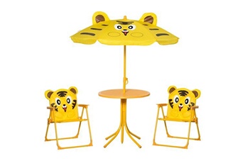 salon de jardin outsunny ensemble salon de jardin enfant 4 pcs design tigre - table ronde + 2 chaises pliables + parasol - métal époxy oxford jaune
