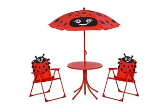 salon de jardin outsunny ensemble salon de jardin enfant 4 pcs design coccinelle - table ronde + 2 chaises pliables + parasol - métal époxy oxford rouge