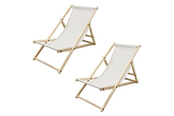 chaise longue - transat ecd germany lot de 2 chaise longue en bois de pin beige pliable 120 kg réglable à 3