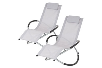 chaise longue - transat ecd germany 2x chaise longue géométrique gris clair avec cadre en acier appui-tête pliable
