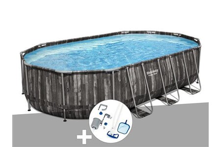 Piscine tubulaire Bestway Kit piscine tubulaire ovale Power Steel décor bois 6,10 x 3,66 x 1,22 m + Kit d'entretien Deluxe