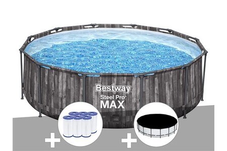 Piscine tubulaire Bestway Kit piscine tubulaire ronde Steel Pro Max décor bois 3,66 x 1,00 m + 6 cartouches de filtration + Bâche de protection