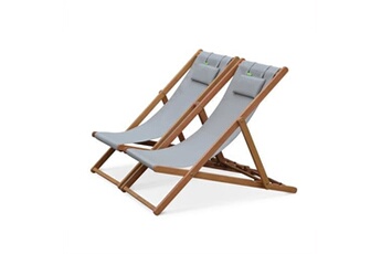 chaise longue - transat sweeek chiliennes bois - creus - 2 transats en bois d'eucalyptus huilé avec coussin repose-tête gris taupe