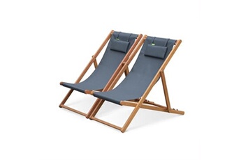 chaise longue - transat sweeek chiliennes bois - creus - 2 transats en bois d'eucalyptus huilé avec coussin repose-tête gris