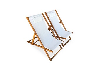 chaise longue - transat sweeek chiliennes bois - creus - 2 transats en bois d'eucalyptus huilé avec coussin repose-tête blanc