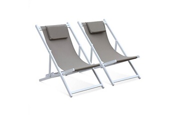 chaise longue - transat sweeek lot de 2 bains de soleil - gaia taupe - en aluminium blanc et textilene taupe avec coussin repose tête chilienne
