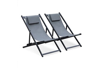 chaise longue - transat sweeek lot de 2 bains de soleil - gaia gris - transat en aluminium gris anthracite et textilene gris avec coussin repose tête chilienne