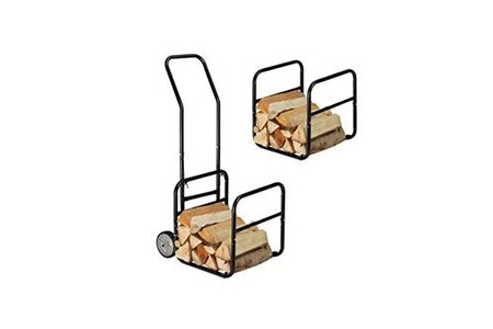 Porte-bûches Relaxdays Chariot à bois, 2 en 1, panier à bûches avec roues, en acier, jusqu’à 45 kg, transport & rangement, noir