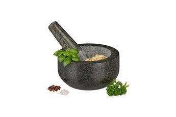 ustensile de cuisine relaxdays mortier en granit avec pilon, robuste, pour épices, herbes, mortier en pierre polie, d. 16 cm, 400 ml, gris