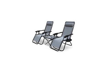 chaise longue - transat vounot lot de 2 chaise longue inclinable en textilene avec table d'appoint porte gobelet et portable gris