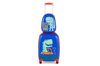 set de 2 valises giantex lot de 2 valise cabine enfant 18"+ sac à dos 12,5", avec poignée rétractable 88-100cm, abs etanche, pour voyage vol ecole, dinosaure
