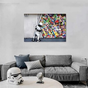 Street Art Banksy Graffiti Derrière le rideau Peinture murale sur toile sans cadre pour décoration d'intérieur 30 x 90 cm Street Art Banksy Graffiti Derrière le rideau Peinture murale sur toile sans cadre pour décoration d'intérieur 30 x 90 cm
