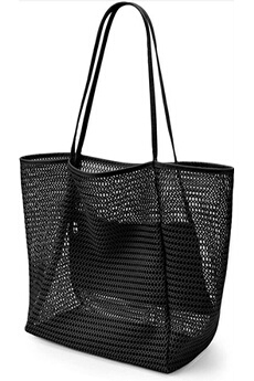 sac de plage generique sac de plage en maille grand sac à bandoulière avec poche intérieure zippée noir pour voyage quotidien piscine gym pique-nique sac de courses léger