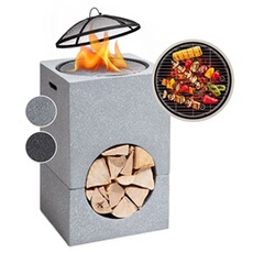 Braséro de jardin - Monolith - Foyer de terrasse - Barbecue - Pare-étincelle - Charbon ou bois - Pierre artificielle blanche