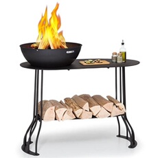 Braséro de jardin - Nantai - Foyer de terrasse - Grille barbecue Ø50cm - Charbon ou bois - Rangement bois - Acier noir