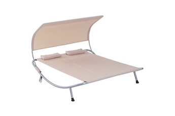 chaise longue - transat outsunny bain de soleil 2 places lit de jardin design contemporain toit réglable 2 roulettes 2 oreillers acier époxy polyester sable