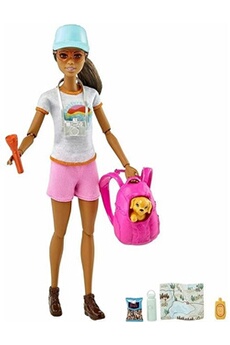 poupée mattel barbie bien-être coffret randonnée avec poupée brune, figurine chiot, 9 accessoires inclus