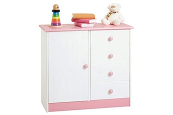 commode enfant rondo lasuré blanc et rose en pin passif buffet meuble de rangement pour chambre enfant avec 4 tiroirs et une porte
