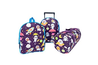 lot de 3 sacs scolaire enfant avec 2 sacs à dos dont 1 à roulettes plus 1 polochon violet
