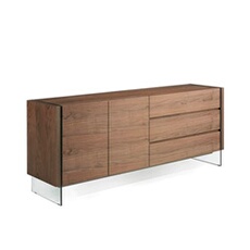 Buffet de noyer et verre trempé 3086C, 188 x 45 x 75 cm. -