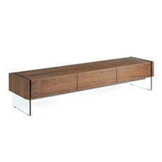 Meuble TV de noyer et verre 3085C, 188 x 45 x 39 cm. -