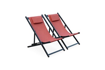 chaise longue - transat sweeek lot de 2 bains de soleil - gaia terra cotta - transat en aluminium gris anthracite et textilene avec coussin repose tête chilienne