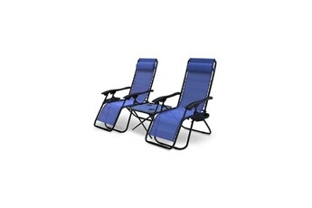 chaise longue - transat vounot lot de 2 chaise longue inclinable en textilene avec table d'appoint porte gobelet et portable bleu