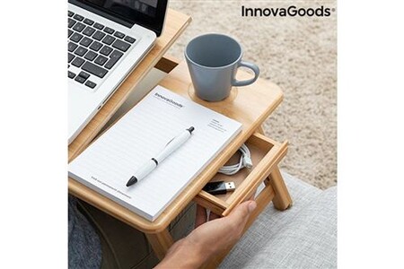 Table Pliante D'Appoint En Bambou InnovaGoods Lapwood - Hauteur Réglable Avec Tiroir Et Repose-Verre - Idéale Barbecue Et Télétravail