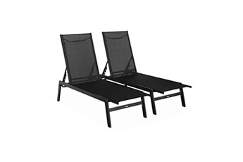 chaise longue - transat sweeek lot de 2 transats noir 5 positions en textilène et métal flora l155 x p59 x h106cm