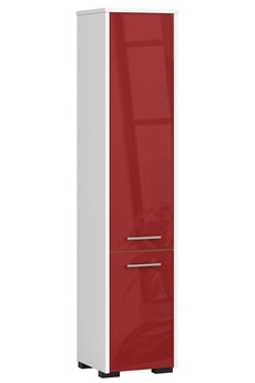 meuble de salle de bain akord colonne salle de bains fin blanche 30 cm 2 portes façade rouge brillante 5 étagères 30x30x140 cm