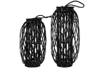 lanterne ecd germany lot de 2 lanternes en rotin 50x ø28 cm / 60x ø27 cm avec anse noir bois
