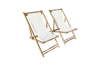 chaise longue - transat sweeek lot de 2 chiliennes en bambou toile naturelle polyester et coton davao l110 x p60 x h94cm