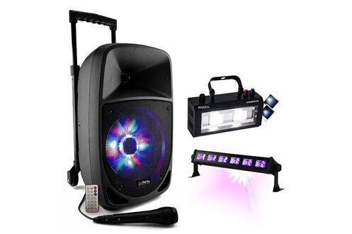 Enceintes, baffle et amplis DJ Party Light & Sound Enceinte batterie  USB Bluetooth 300W PARTY-8LED Karaoke Micro - Stroboscope STROBE40LED -  Effet Lumière Noire LED-UVBAR6 Ibiza