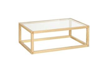 table basse homcom table basse design contemporain plateau verre trempé structure piètement bois d'hévéa