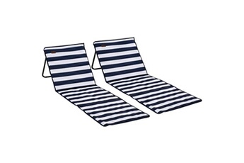 chaise longue - transat outsunny lot de 2 tapis de plage rembourrés pliables - matelas de plage - dossier inclinable, rangement - métal polyester blanc bleu