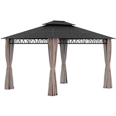 Pavillon de jardin tonnelle rigide dim. 3,6L x 3l x 2,78H m rideaux latéraux anti-UV structure gris toit polycarbonate noir