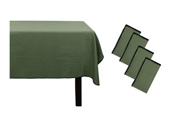 nappe de table vente-unique.com ensemble nappe + 4 serviettes de table en lin et coton - bordure noire - kaki - 170 x 300 cm - borina