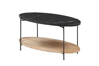table basse vente-unique.com table basse double plateau en céramique et bois d'hévéa - effet marbre noir et naturel - fudila