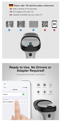 Scan Sans File Scanner Inateck 1D Scanner de Codes-Barres Bluetooth sans Fil ...