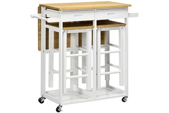 table haute homcom ensemble table de bar pliable sur roulettes avec 2 tiroirs - 2 tabourets inclus - bois bambou verni et blanc