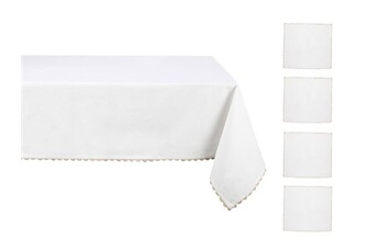 nappe de table vente-unique.com ensemble nappe + 4 serviettes de table en coton - bordure beige - blanc - 140 x 240 cm - loania